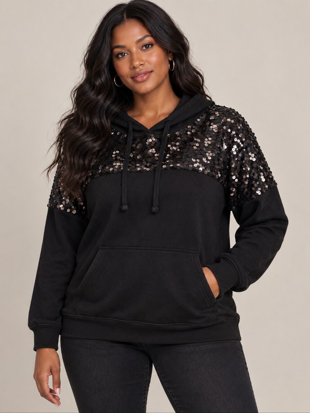 Torrid Super Soft Black Sequin Shoulder Hoodie Size 0 Pullover Fleece Sparkle